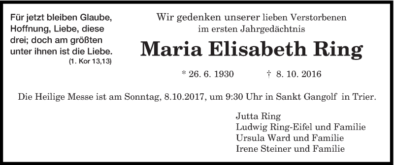  Traueranzeige für Maria Elisabeth Ring vom 04.10.2017 aus trierischer_volksfreund