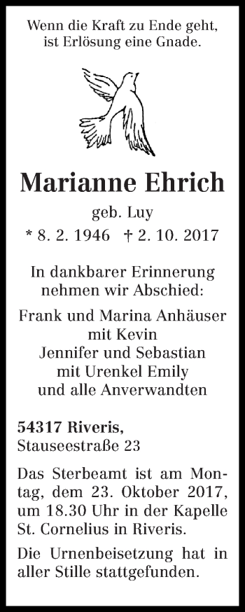 Traueranzeige von Marianne Ehrich von trierischer_volksfreund