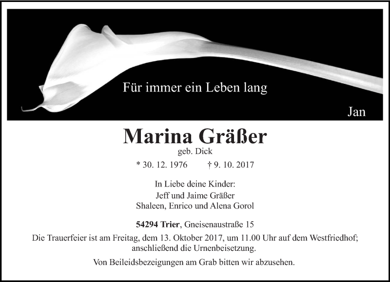  Traueranzeige für Marina Gräßer vom 11.10.2017 aus trierischer_volksfreund