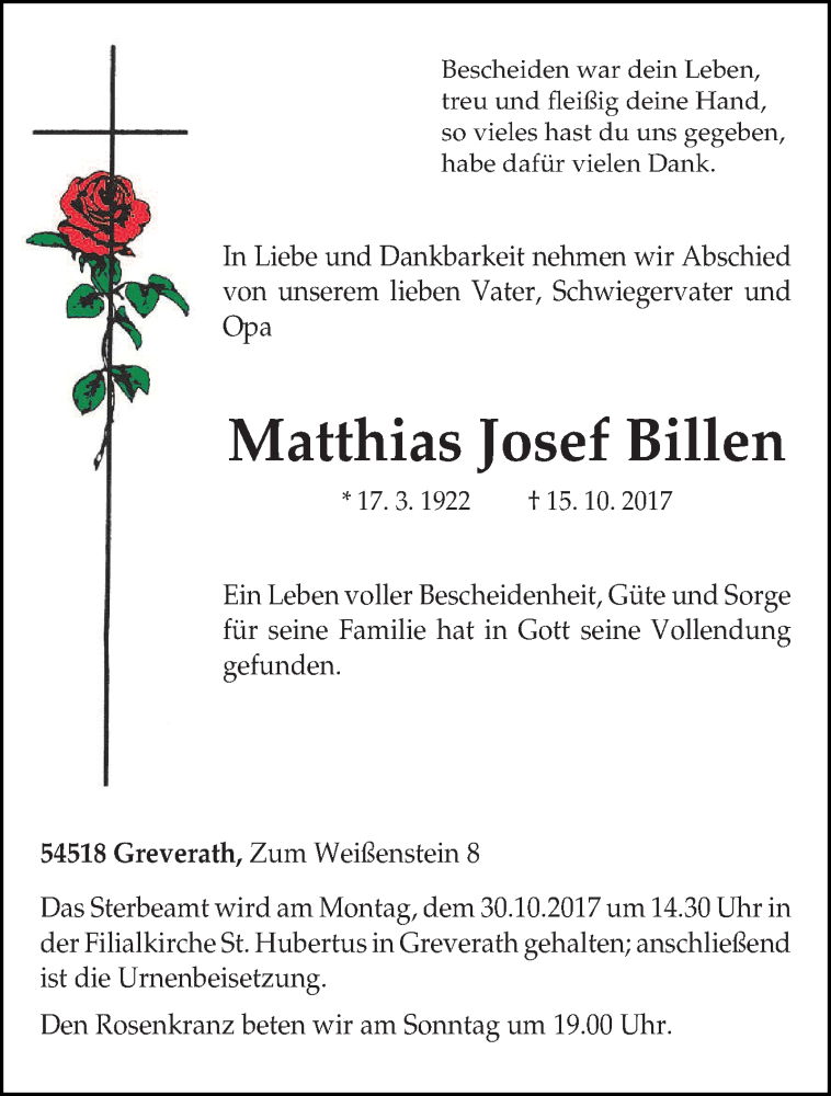  Traueranzeige für Matthias Josef Billen vom 25.10.2017 aus trierischer_volksfreund