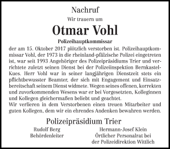 Traueranzeige von Otmar Vohl von trierischer_volksfreund