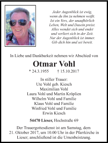 Traueranzeige von Otmar Vohl von trierischer_volksfreund