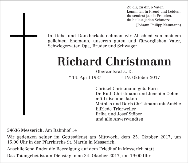  Traueranzeige für Richard Christmann vom 21.10.2017 aus trierischer_volksfreund