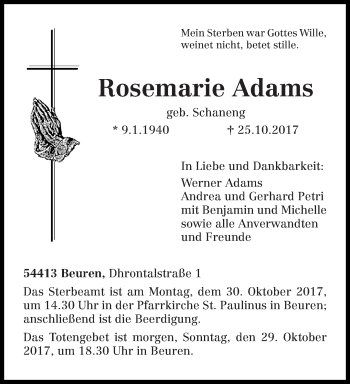 Traueranzeige von Rosemarie Adams von trierischer_volksfreund