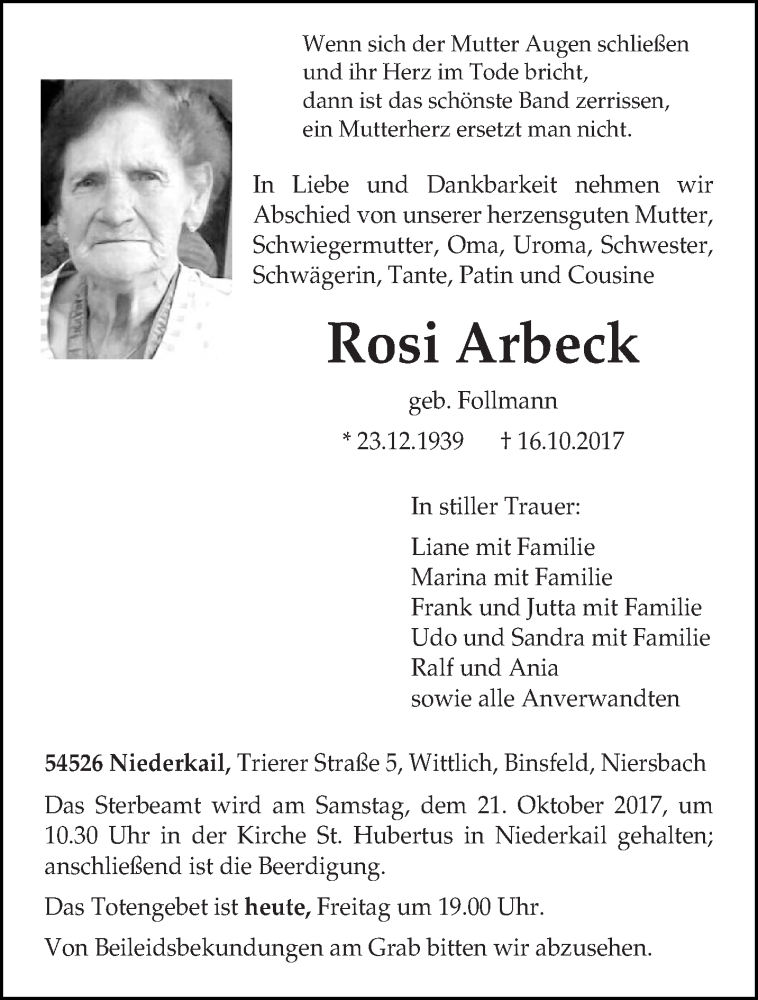  Traueranzeige für Rosi Arbeck vom 20.10.2017 aus trierischer_volksfreund