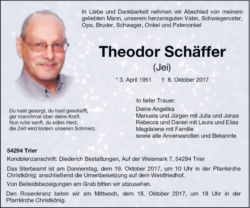  Traueranzeige für Theodor Schäffer vom 14.10.2017 aus trierischer_volksfreund