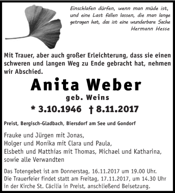 Traueranzeige von Anita Weber von trierischer_volksfreund