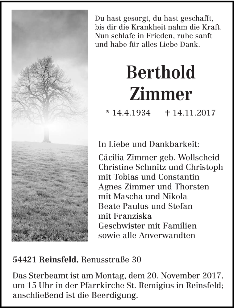  Traueranzeige für Berthold Zimmer vom 16.11.2017 aus trierischer_volksfreund