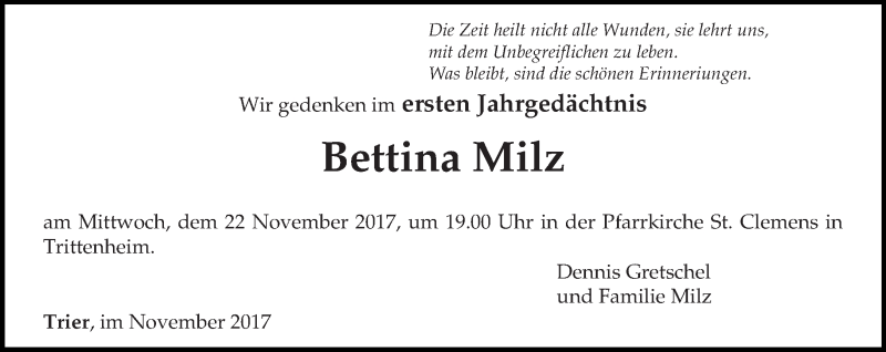  Traueranzeige für Bettina Milz vom 20.11.2017 aus trierischer_volksfreund