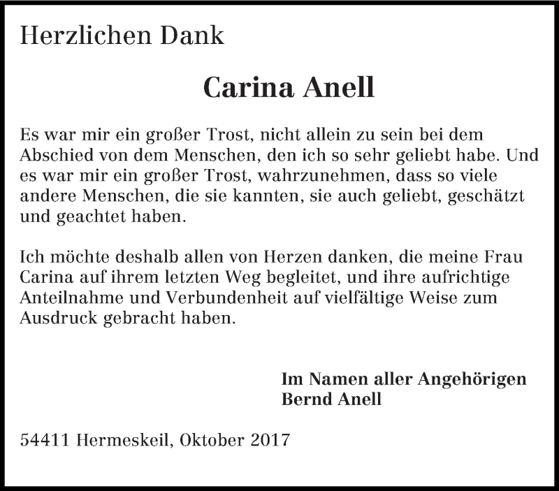  Traueranzeige für Carina Anell vom 09.11.2017 aus trierischer_volksfreund