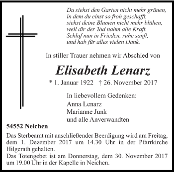 Traueranzeige von Elisabeth Lenarz von trierischer_volksfreund