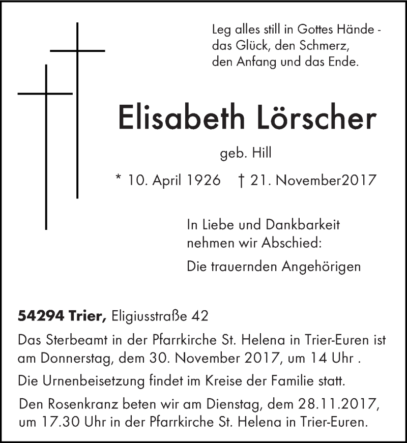  Traueranzeige für Elisabeth Lörscher vom 25.11.2017 aus trierischer_volksfreund