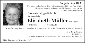 Traueranzeige von Elisabeth Müller von trierischer_volksfreund