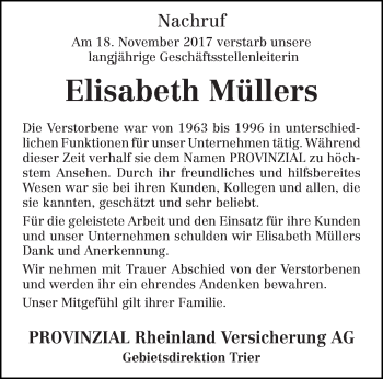 Traueranzeige von Elisabeth Müllers von trierischer_volksfreund