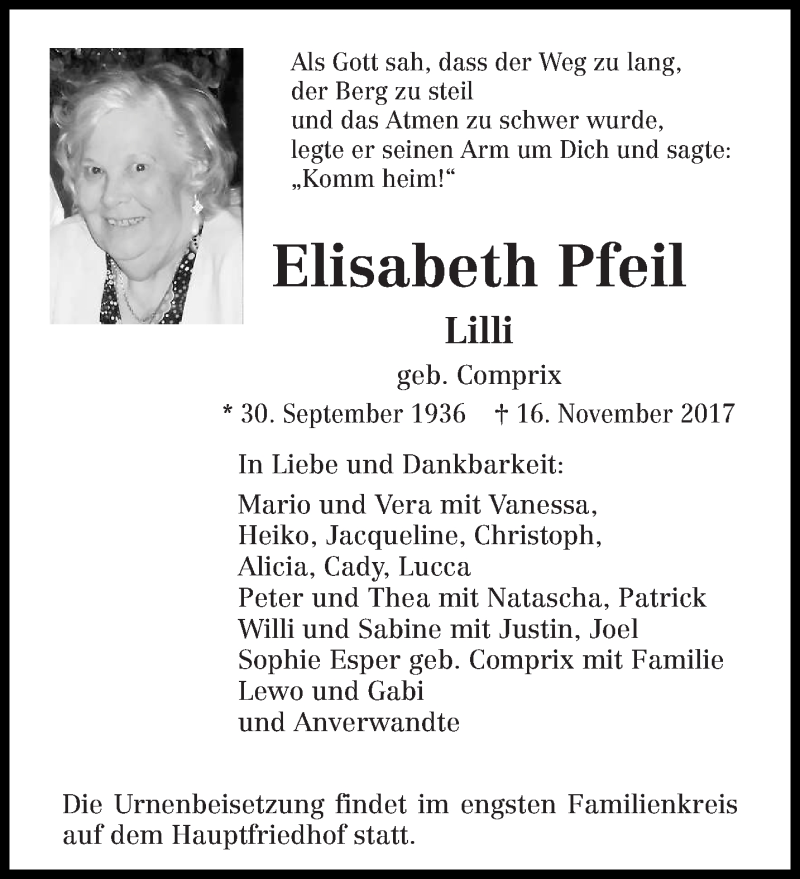  Traueranzeige für Elisabeth Pfeil vom 20.11.2017 aus trierischer_volksfreund