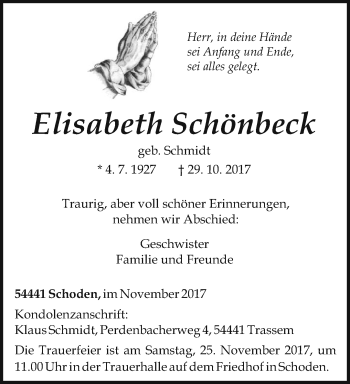 Traueranzeige von Elisabeth Schönbeck von trierischer_volksfreund