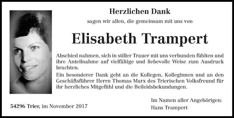 Traueranzeige für Elisabeth Trampert vom 04.11.2017 aus trierischer_volksfreund
