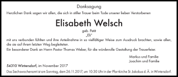 Traueranzeige von Elisabeth Welsch von trierischer_volksfreund