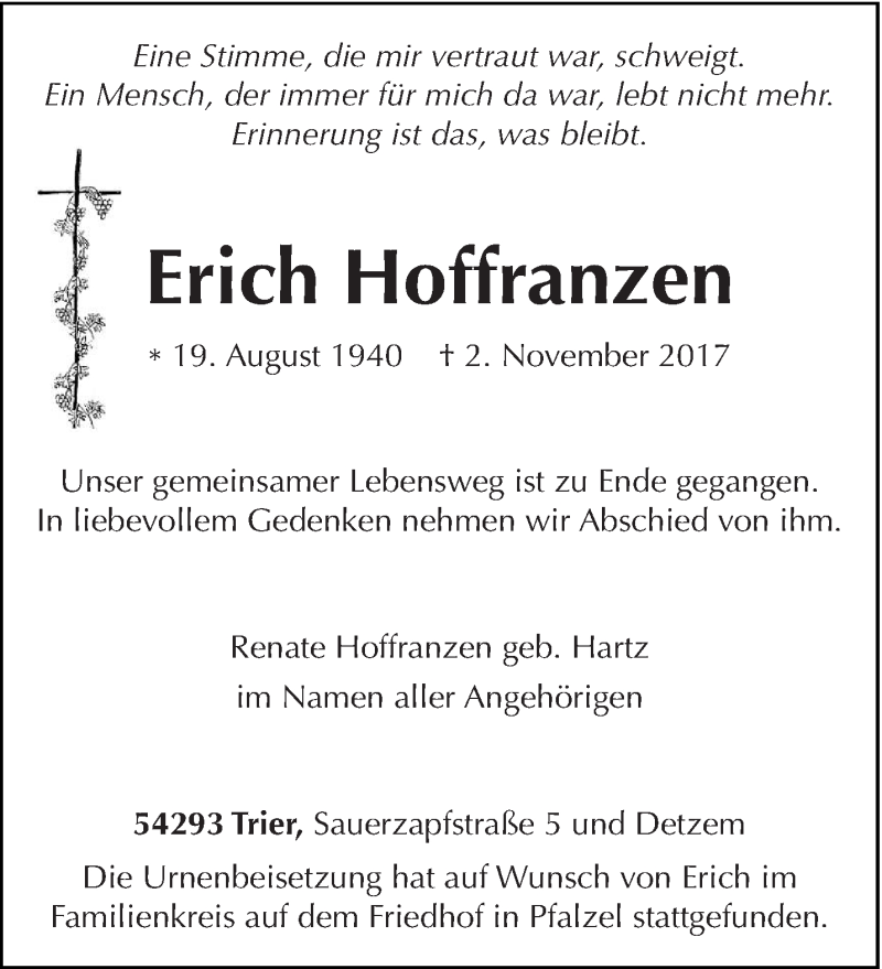  Traueranzeige für Erich Hoffranzen vom 11.11.2017 aus trierischer_volksfreund