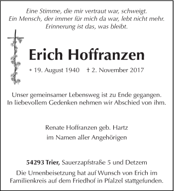 Traueranzeige von Erich Hoffranzen von trierischer_volksfreund