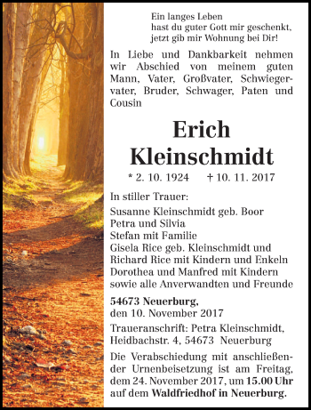 Traueranzeige von Erich Kleinschmidt von trierischer_volksfreund