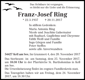 Traueranzeige von Franz-Josef Ring von trierischer_volksfreund