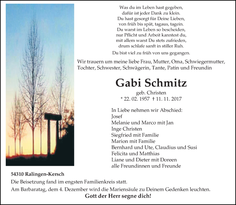  Traueranzeige für Gabi Schmitz vom 25.11.2017 aus trierischer_volksfreund