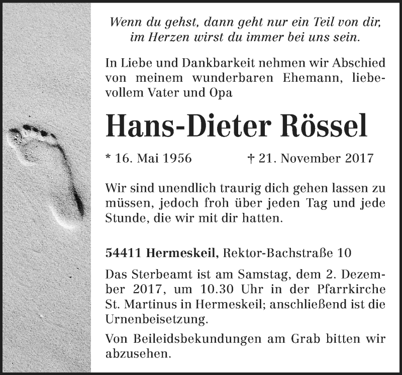  Traueranzeige für Hans-Dieter Rössel vom 25.11.2017 aus trierischer_volksfreund