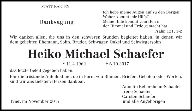  Traueranzeige für Heiko Michael Schaefer vom 25.11.2017 aus trierischer_volksfreund