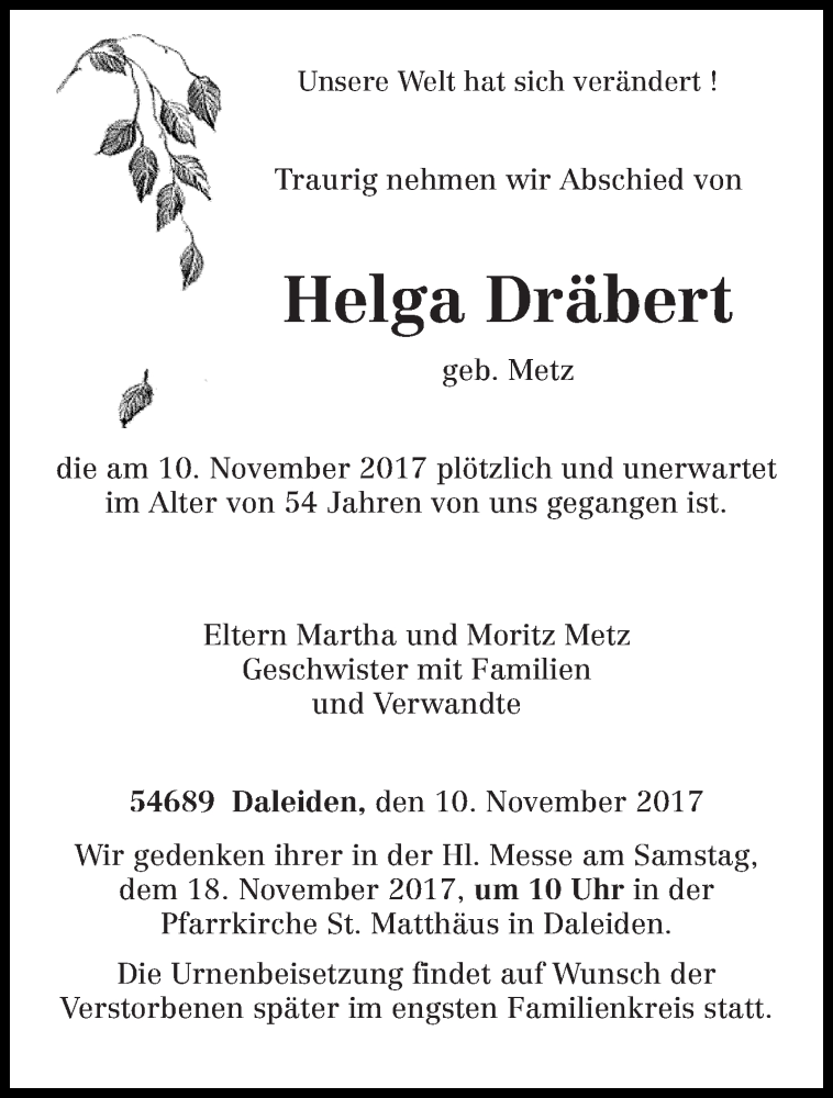  Traueranzeige für Helga Dräbert vom 16.11.2017 aus trierischer_volksfreund