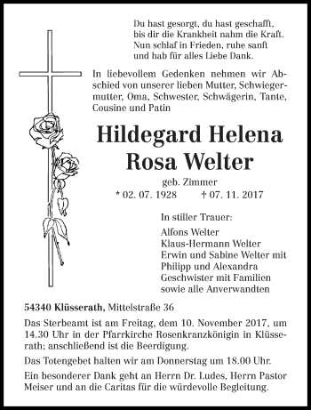 Traueranzeige von Hildegard Helena Rosa Welter von trierischer_volksfreund