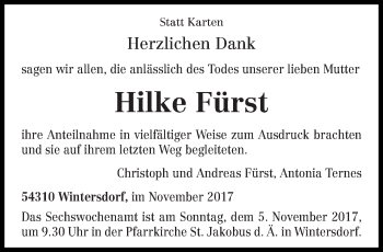 Traueranzeige von Hilke Fürst von trierischer_volksfreund