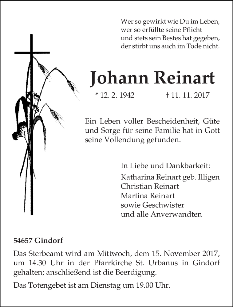  Traueranzeige für Johann Reinart vom 13.11.2017 aus trierischer_volksfreund