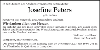 Traueranzeige von Josefine Peters von trierischer_volksfreund