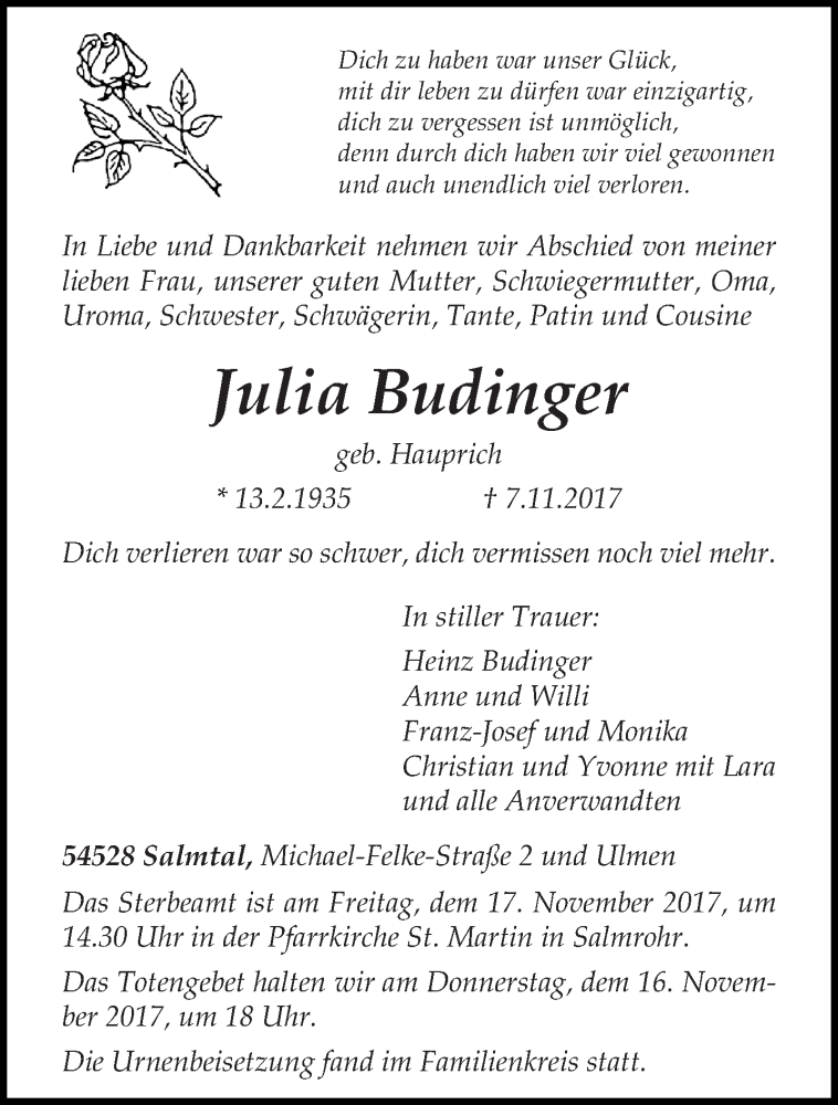  Traueranzeige für Julia Budinger vom 14.11.2017 aus trierischer_volksfreund