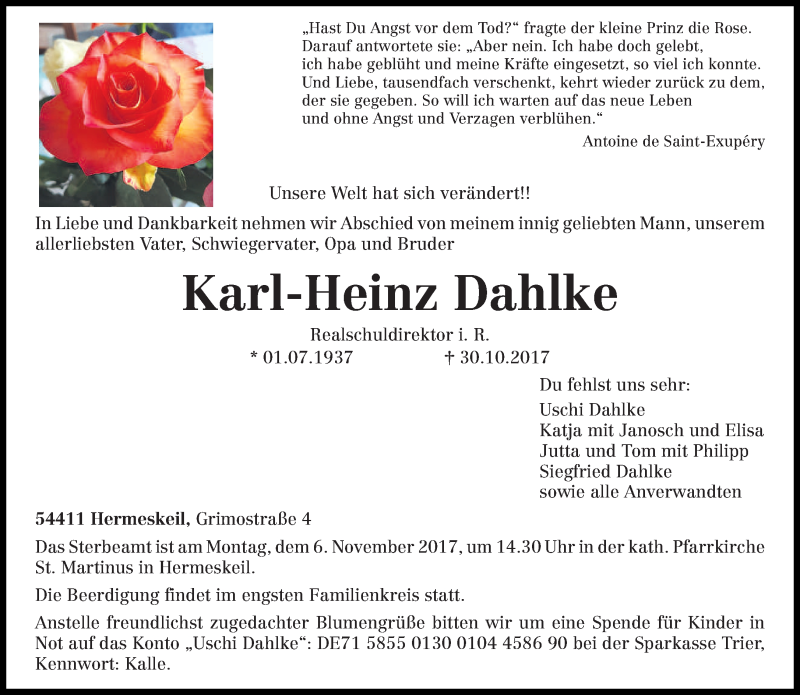  Traueranzeige für Karl-Heinz Dahlke vom 03.11.2017 aus trierischer_volksfreund