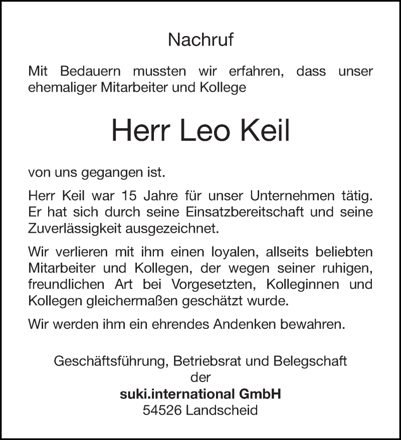  Traueranzeige für Leo Keil vom 07.11.2017 aus trierischer_volksfreund