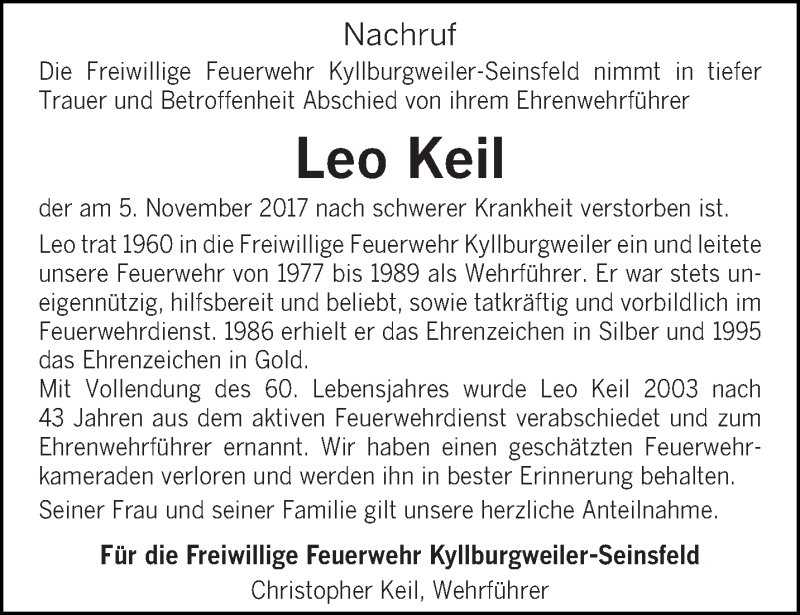  Traueranzeige für Leo Keil vom 07.11.2017 aus trierischer_volksfreund