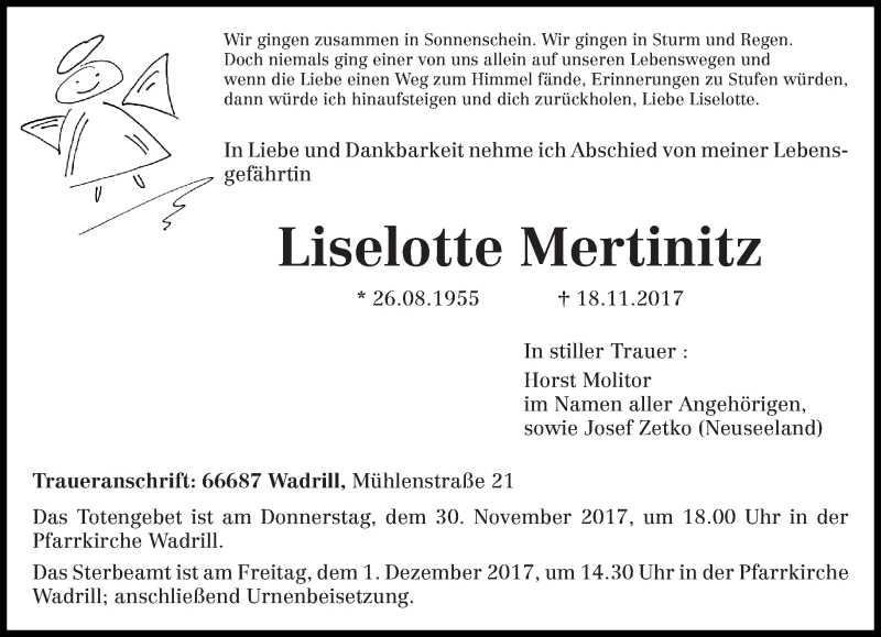  Traueranzeige für Liselotte Mertinitz vom 25.11.2017 aus trierischer_volksfreund