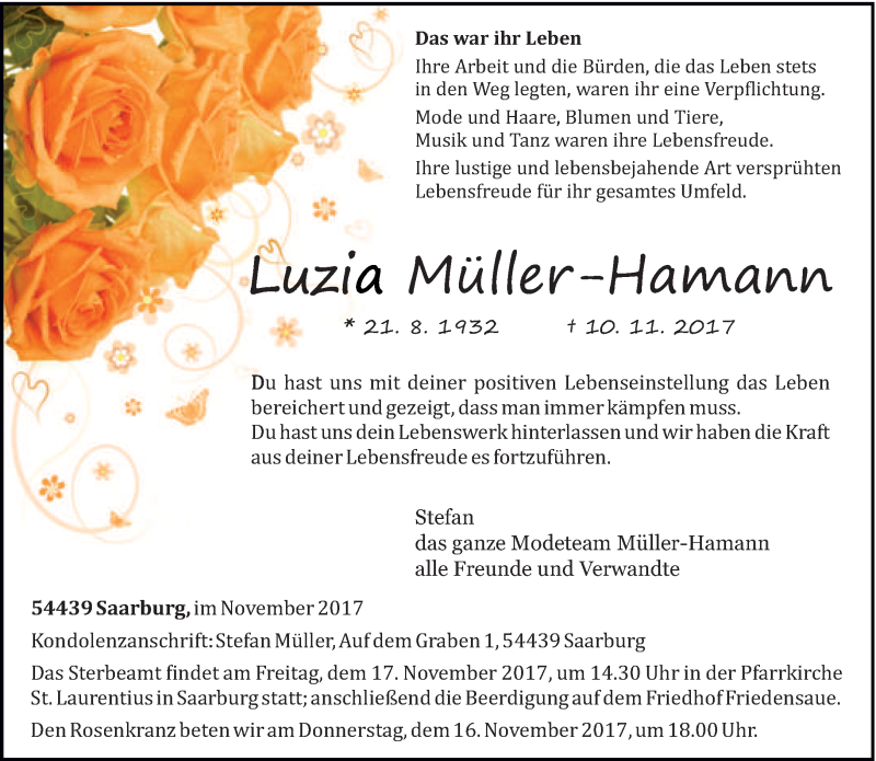 Traueranzeige für Luzia Müller-Hamann vom 14.11.2017 aus trierischer_volksfreund