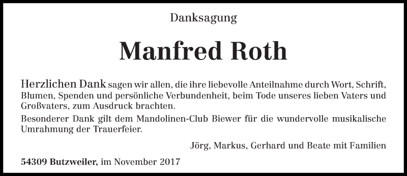  Traueranzeige für Manfred Roth vom 25.11.2017 aus trierischer_volksfreund