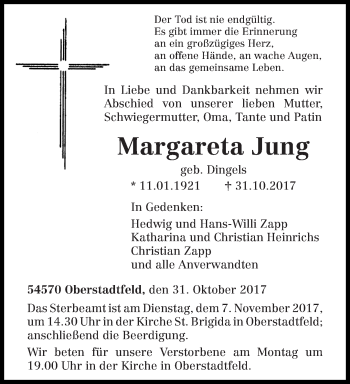 Traueranzeige von Margareta Jung von trierischer_volksfreund