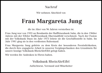 Traueranzeige von Margareta Jung von trierischer_volksfreund