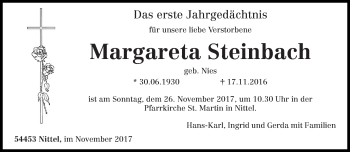 Traueranzeige von Margareta Steinbach von trierischer_volksfreund