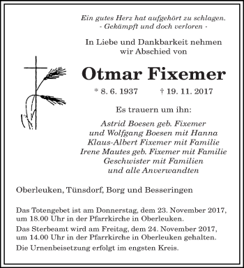 Traueranzeige von Otmar Fixemer von trierischer_volksfreund