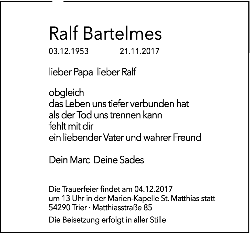  Traueranzeige für Ralf Bartelmes vom 25.11.2017 aus trierischer_volksfreund