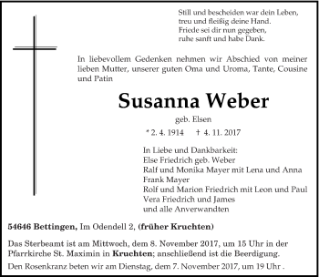 Traueranzeige von Susanna Weber von trierischer_volksfreund