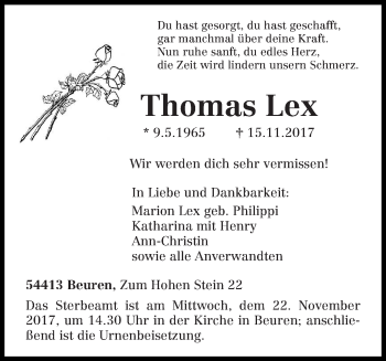 Traueranzeige von Thomas Lex von trierischer_volksfreund