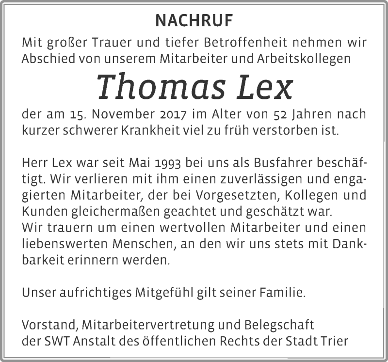  Traueranzeige für Thomas Lex vom 17.11.2017 aus trierischer_volksfreund