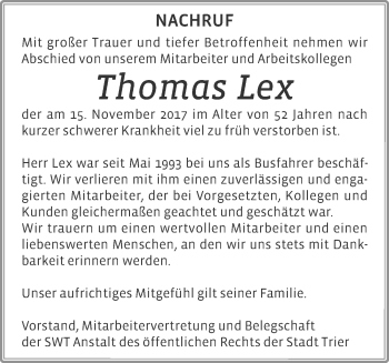 Traueranzeige von Thomas Lex von trierischer_volksfreund